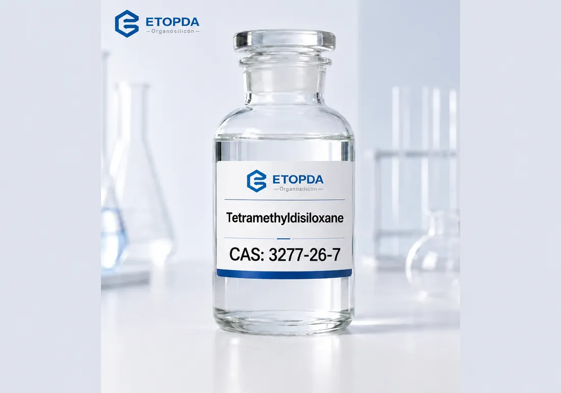 TMDSO organosilicon sample bottle labelled 1,1,3,3-tetramethyldisiloxane